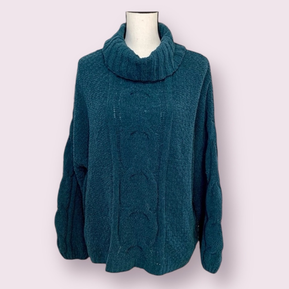 Seven7 Chenille Cowl Neck Sweater Cable Knit Forrest Green Oversized Large